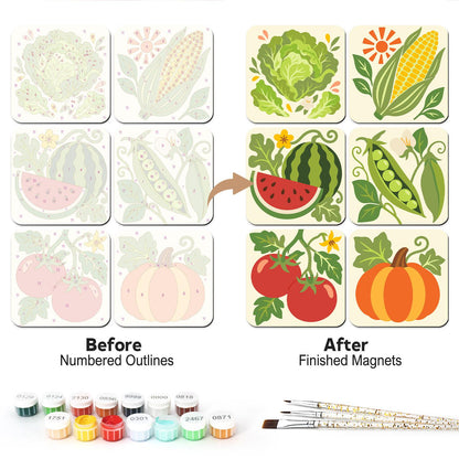 Watermelon and Sweetcorn Patch fridge magnets – Garden produce: a lettuce, corn on the cob, a watermelon slice, a pea pod, vine tomatoes and a pumpkin