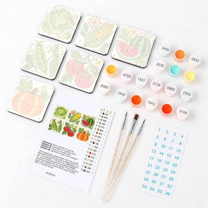 Watermelon and Sweetcorn Patch fridge magnets – what's in the kit: the 6 magnet tiles, numbered paints, brushes, layout sheet and stickers