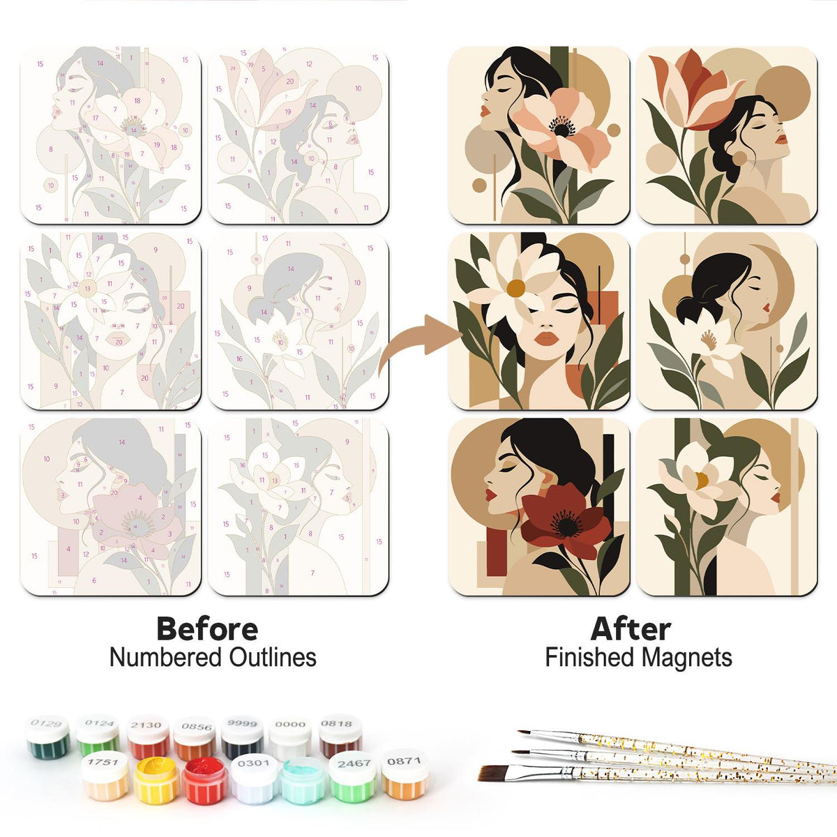 Neutral Boho Flower Muses fridge magnets – Women's faces among flowers in beige and blush tones: magnolias, lilies, a peach blossom and a red poppy