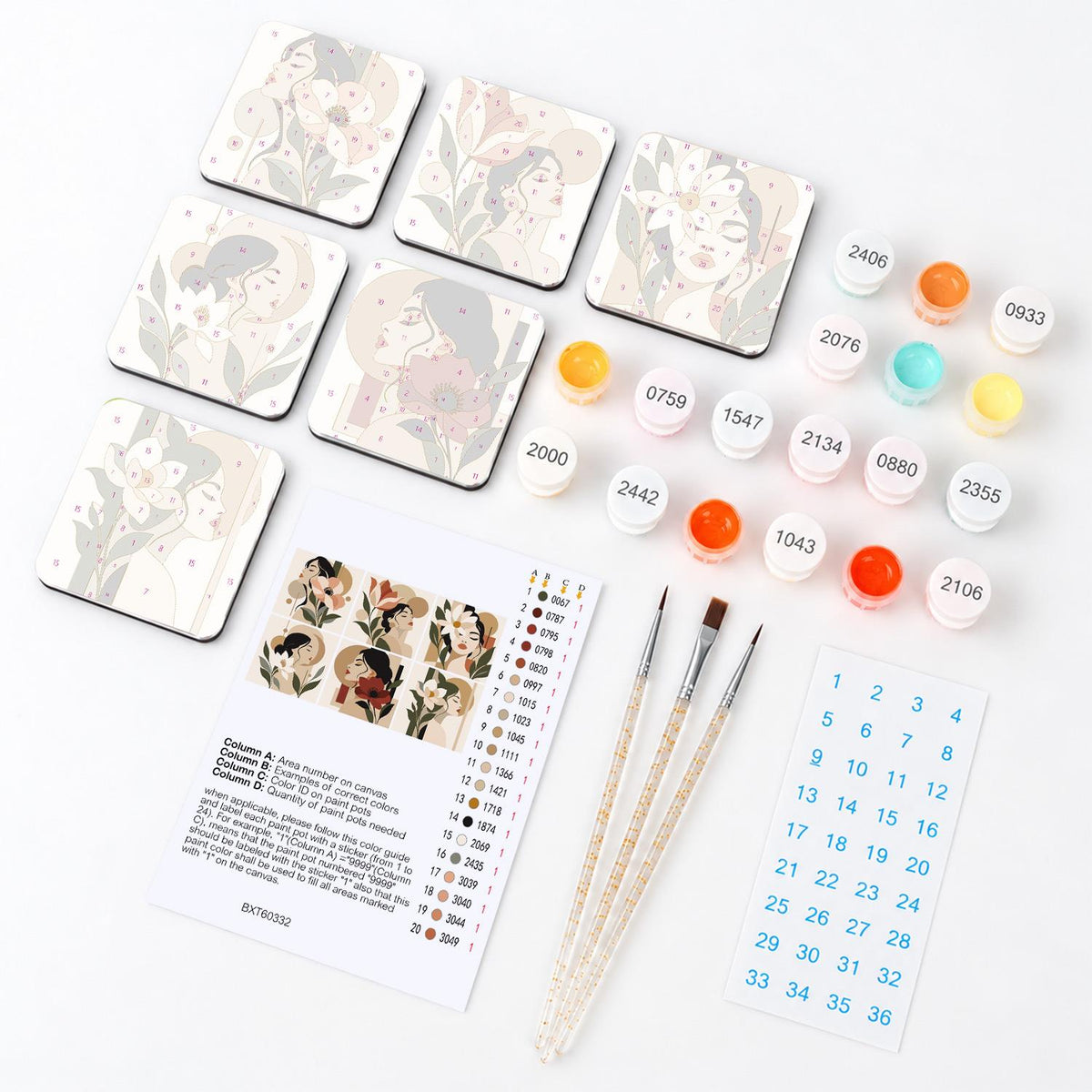 Neutral Boho Flower Muses fridge magnets – what's in the kit: the 6 magnet tiles, numbered paints, brushes, layout sheet and stickers