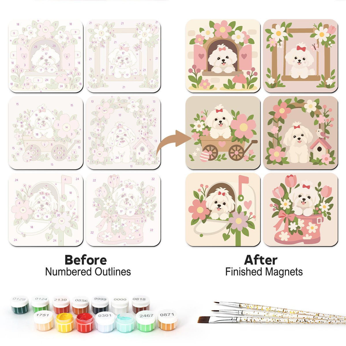 Fluffy Pup Flower Cottage fridge magnets – White puppies with pink bows in flower scenes: a window, a swing, a cart, an arch, a mailbox and a boot