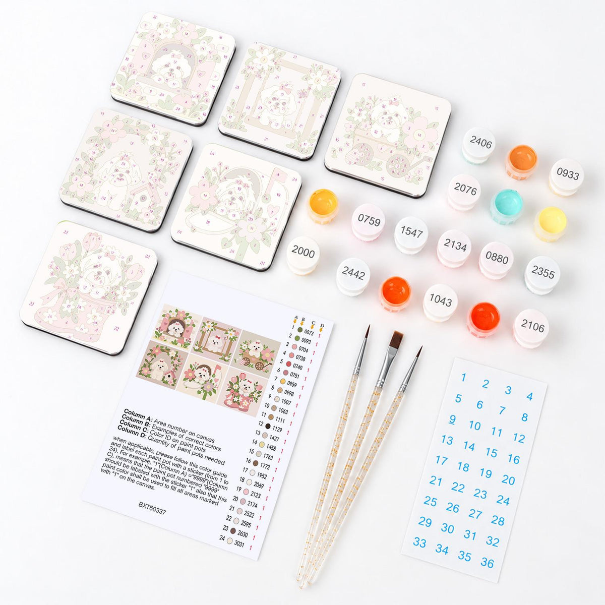 Fluffy Pup Flower Cottage fridge magnets – what's in the kit: the 6 magnet tiles, numbered paints, brushes, layout sheet and stickers