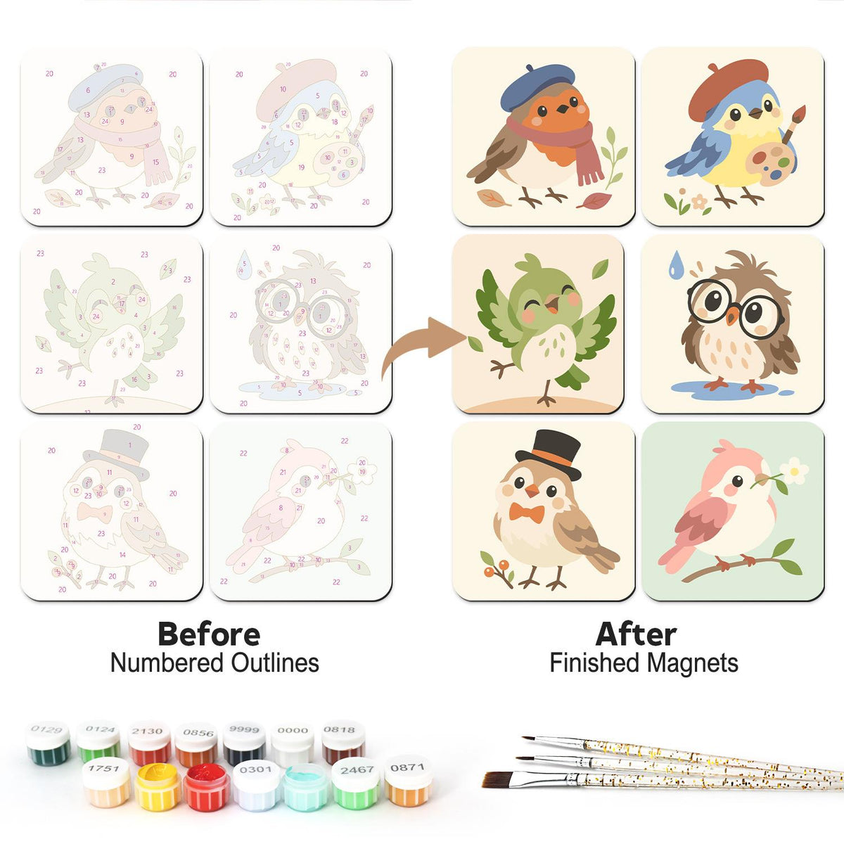 Beret-Wearing Birdies fridge magnets – Cute birds: a robin in a beret, a painter bird, a green songbird, an owl in glasses, a top-hat sparrow, a pink bird