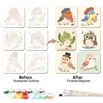 Beret-Wearing Birdies fridge magnets – Cute birds: a robin in a beret, a painter bird, a green songbird, an owl in glasses, a top-hat sparrow, a pink bird