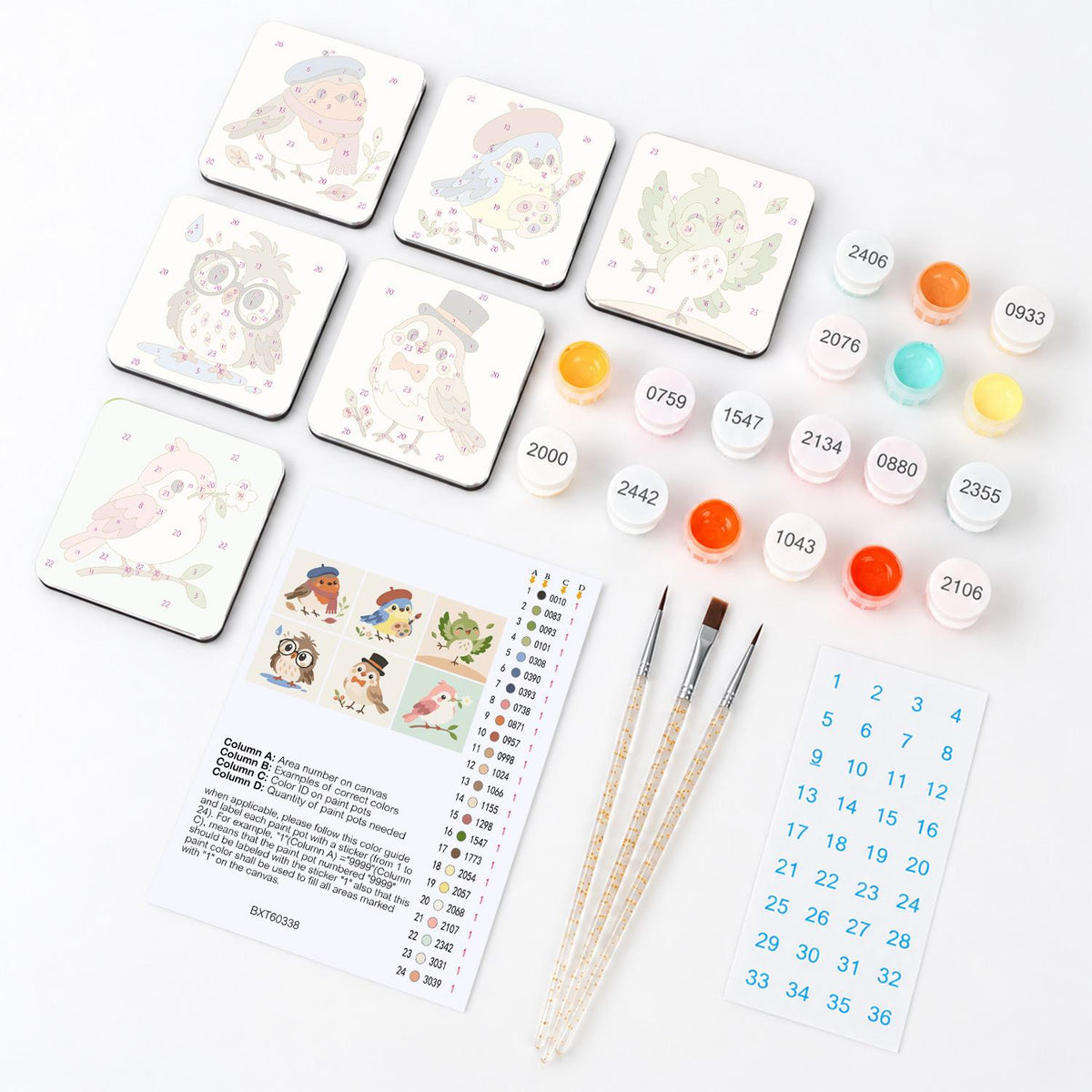 Beret-Wearing Birdies fridge magnets – what's in the kit: the 6 magnet tiles, numbered paints, brushes, layout sheet and stickers