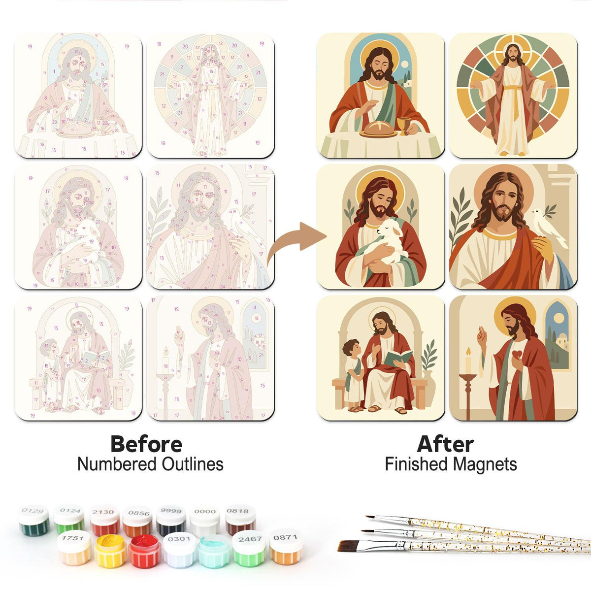 Gentle Portraits of Jesus fridge magnets – Portraits of Jesus: breaking bread, in a stained-glass halo, holding a lamb, with a dove, a child and a candle
