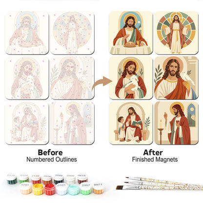 Gentle Portraits of Jesus fridge magnets – Portraits of Jesus: breaking bread, in a stained-glass halo, holding a lamb, with a dove, a child and a candle