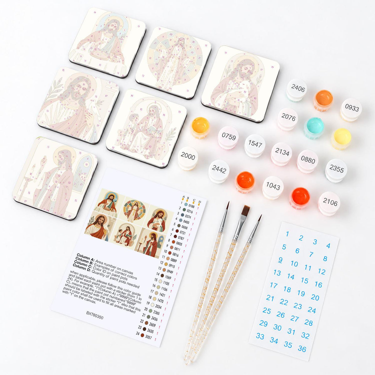 Gentle Portraits of Jesus fridge magnets – what's in the kit: the 6 magnet tiles, numbered paints, brushes, layout sheet and stickers
