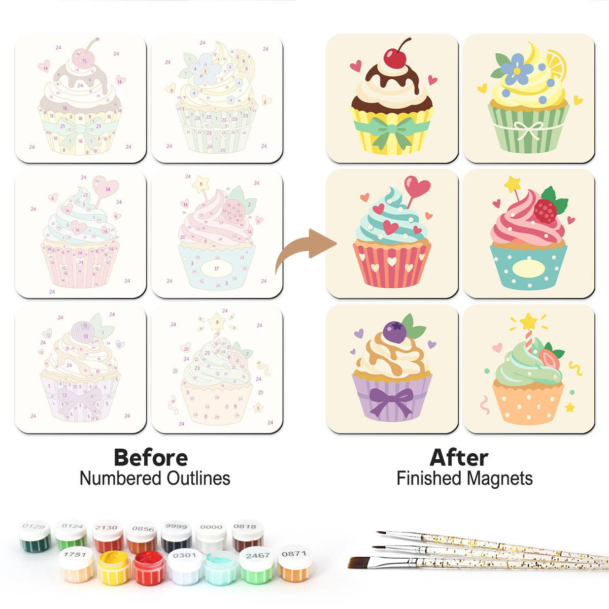 Cherry-Topped Cupcake Parade fridge magnets – Pastel cupcakes: cherry and chocolate, lemon with a flower, a heart topper, strawberry, blueberry and mint with a star