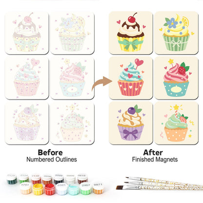 Cherry-Topped Cupcake Parade fridge magnets – Pastel cupcakes: cherry and chocolate, lemon with a flower, a heart topper, strawberry, blueberry and mint with a star