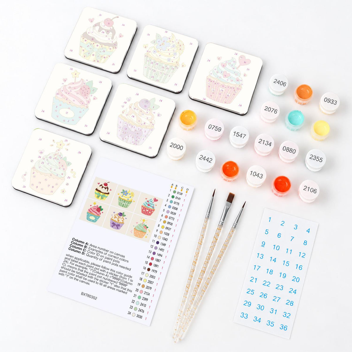 Cherry-Topped Cupcake Parade fridge magnets – what's in the kit: the 6 magnet tiles, numbered paints, brushes, layout sheet and stickers