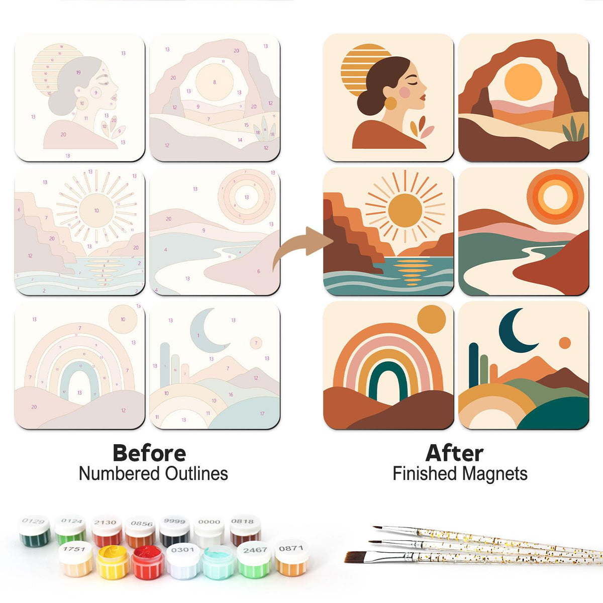 Boho Rainbow and Desert Arch fridge magnets – Boho terracotta scenes: a woman's profile, a rock arch, a canyon sunset, rolling hills, a rainbow and a crescent moon