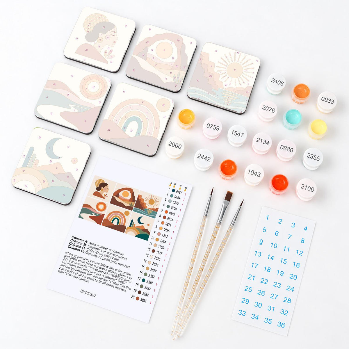 Boho Rainbow and Desert Arch fridge magnets – what's in the kit: the 6 magnet tiles, numbered paints, brushes, layout sheet and stickers