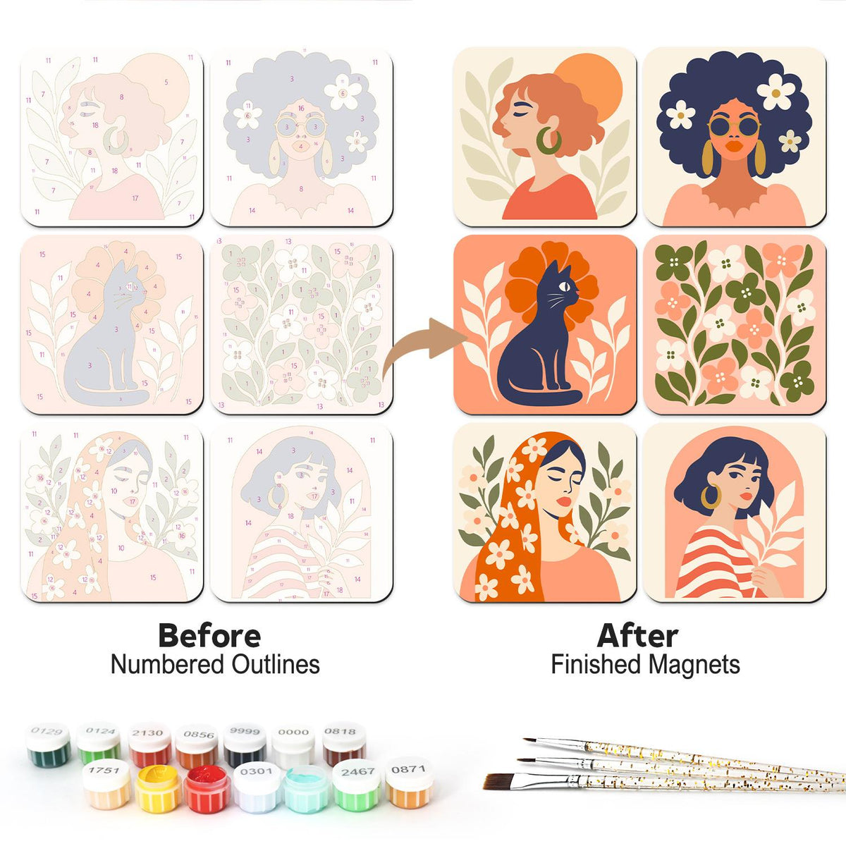 Coral Blossom Portraits fridge magnets – Coral and peach designs: a redhead, a curly-haired woman in sunglasses, a black cat, florals and two more women