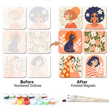 Coral Blossom Portraits fridge magnets – Coral and peach designs: a redhead, a curly-haired woman in sunglasses, a black cat, florals and two more women