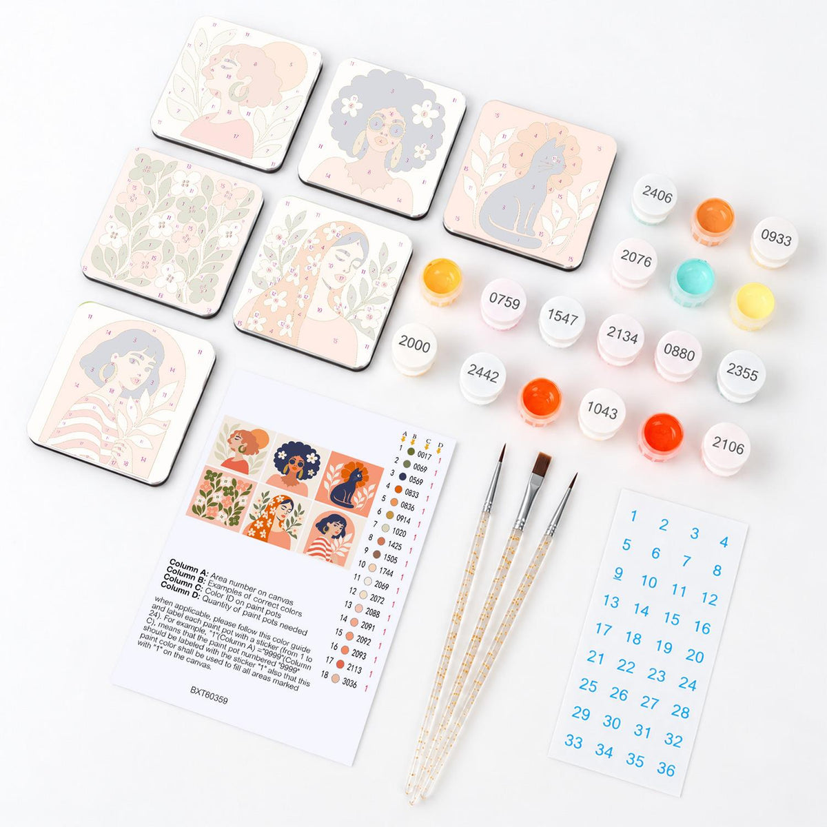 Coral Blossom Portraits fridge magnets – what's in the kit: the 6 magnet tiles, numbered paints, brushes, layout sheet and stickers