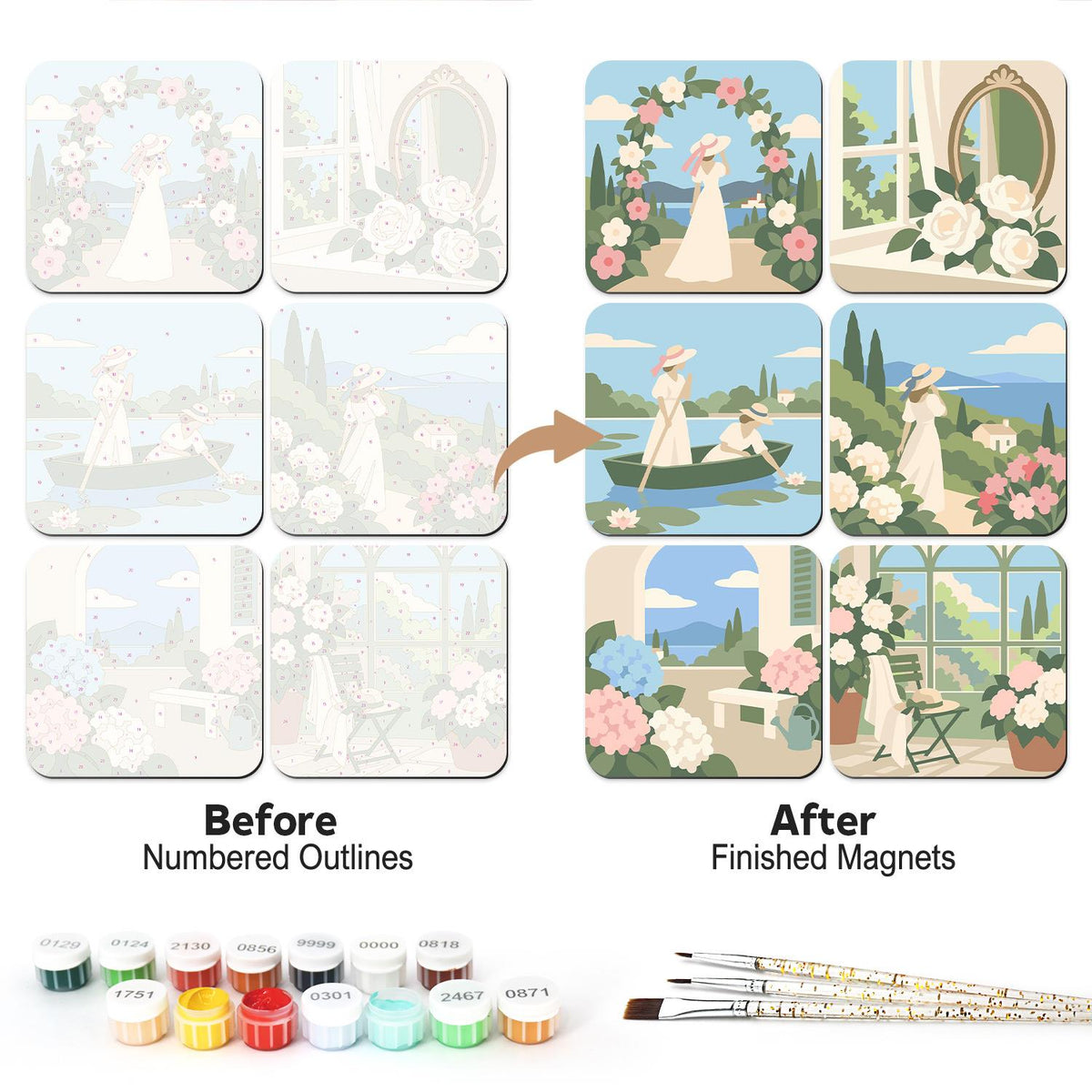 White Dress Rose Garden Days fridge magnets – Pastel gardens with women in white: a rose arch, a mirror, a rowing boat, a seaside path, hydrangeas and a glasshouse