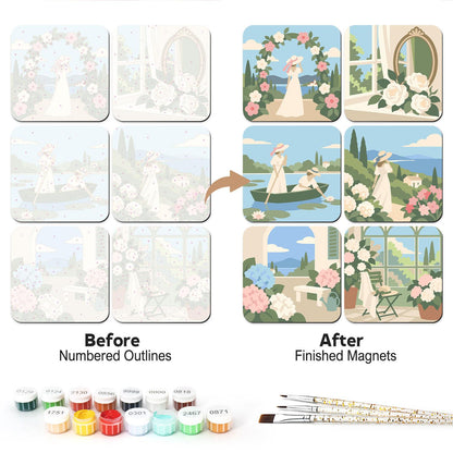 White Dress Rose Garden Days fridge magnets – Pastel gardens with women in white: a rose arch, a mirror, a rowing boat, a seaside path, hydrangeas and a glasshouse