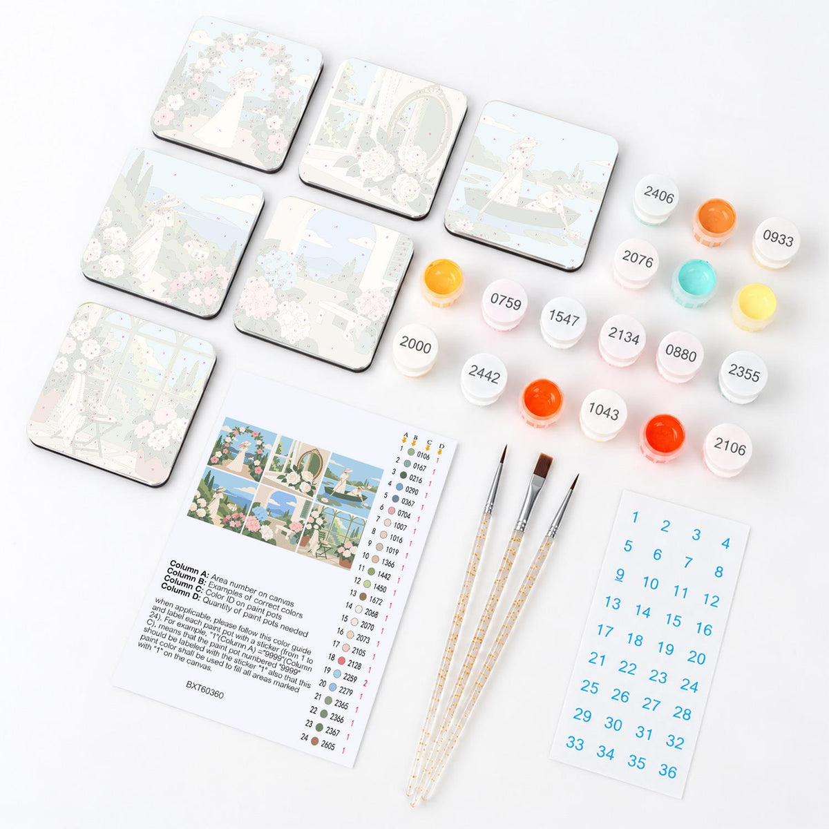 White Dress Rose Garden Days fridge magnets – what's in the kit: the 6 magnet tiles, numbered paints, brushes, layout sheet and stickers