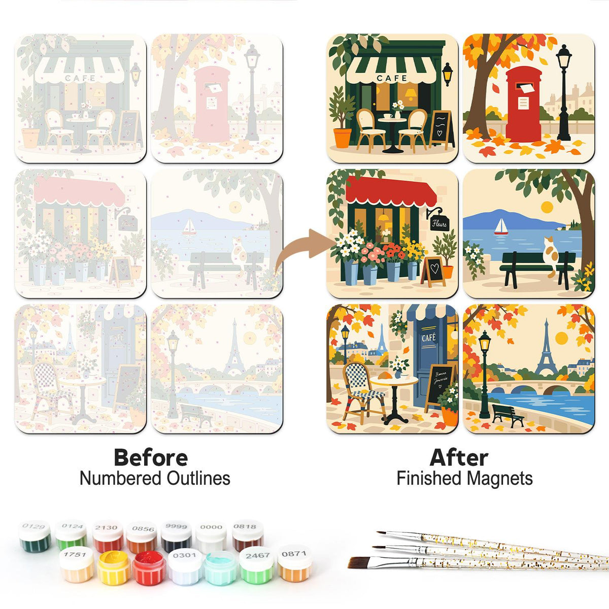 Autumn Café Street Corners fridge magnets – Autumn street scenes: a café, a red postbox, a flower shop, a lakeside bench, café tables and the Eiffel Tower