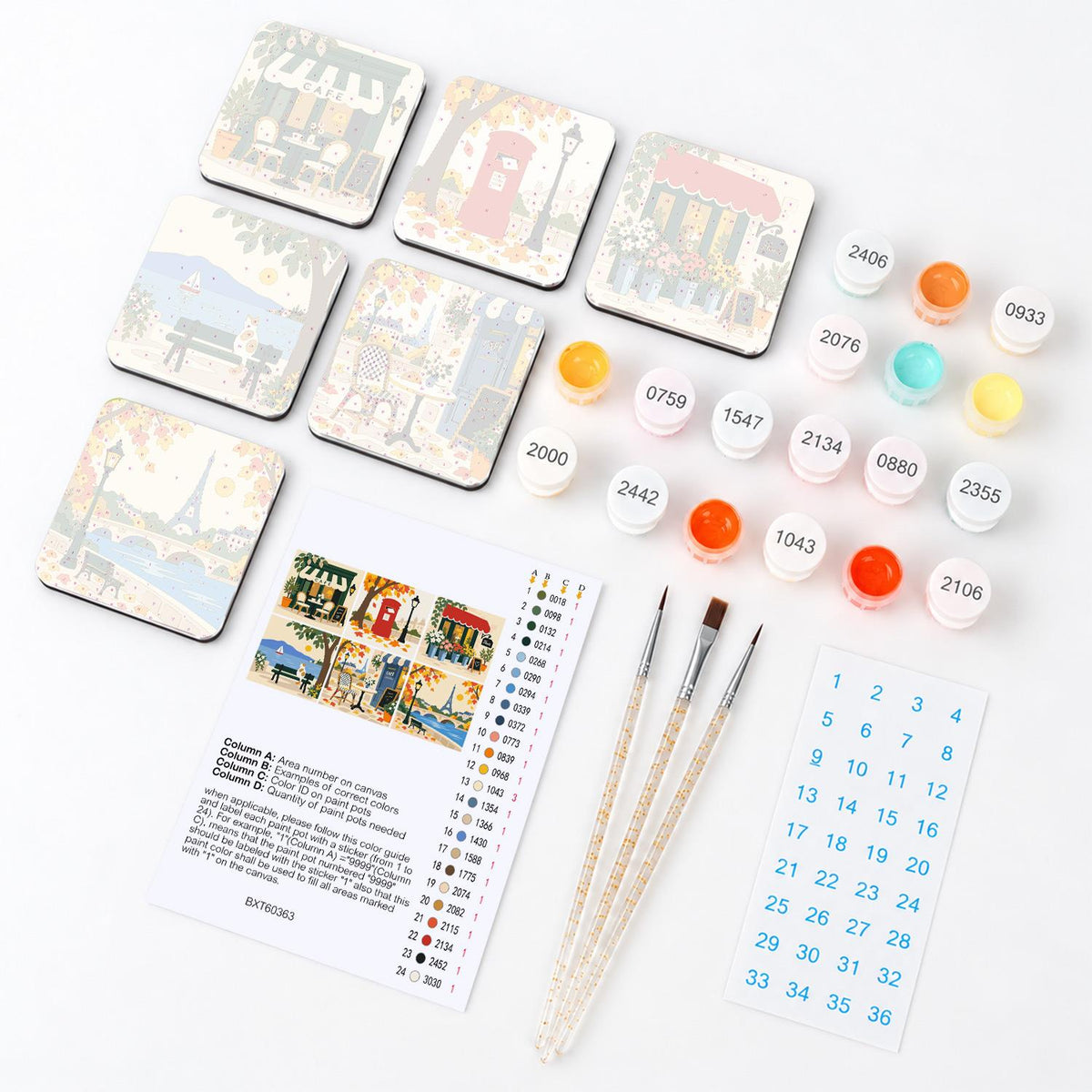Autumn Café Street Corners fridge magnets – what's in the kit: the 6 magnet tiles, numbered paints, brushes, layout sheet and stickers