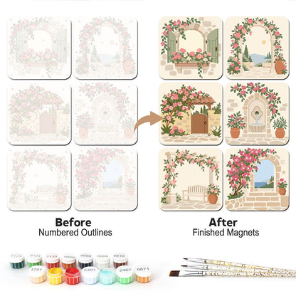 Climbing Rose Stone Archways fridge magnets – Rose-covered stonework: a shuttered window, a sea-view arch, a cottage door, a fountain, a bench and steps