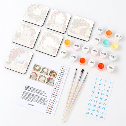 Climbing Rose Stone Archways fridge magnets – what's in the kit: the 6 magnet tiles, numbered paints, brushes, layout sheet and stickers