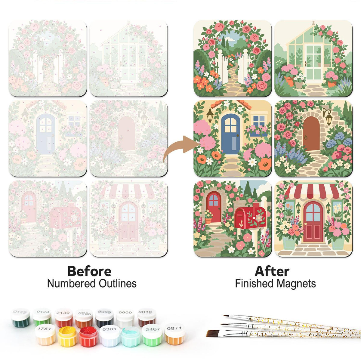 Blooming Cottage Doorways fridge magnets – Flower-filled entrances: a garden gate, a glasshouse, a blue door, an arched door, a mailbox and a striped shopfront