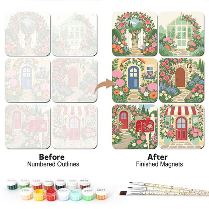 Blooming Cottage Doorways fridge magnets – Flower-filled entrances: a garden gate, a glasshouse, a blue door, an arched door, a mailbox and a striped shopfront