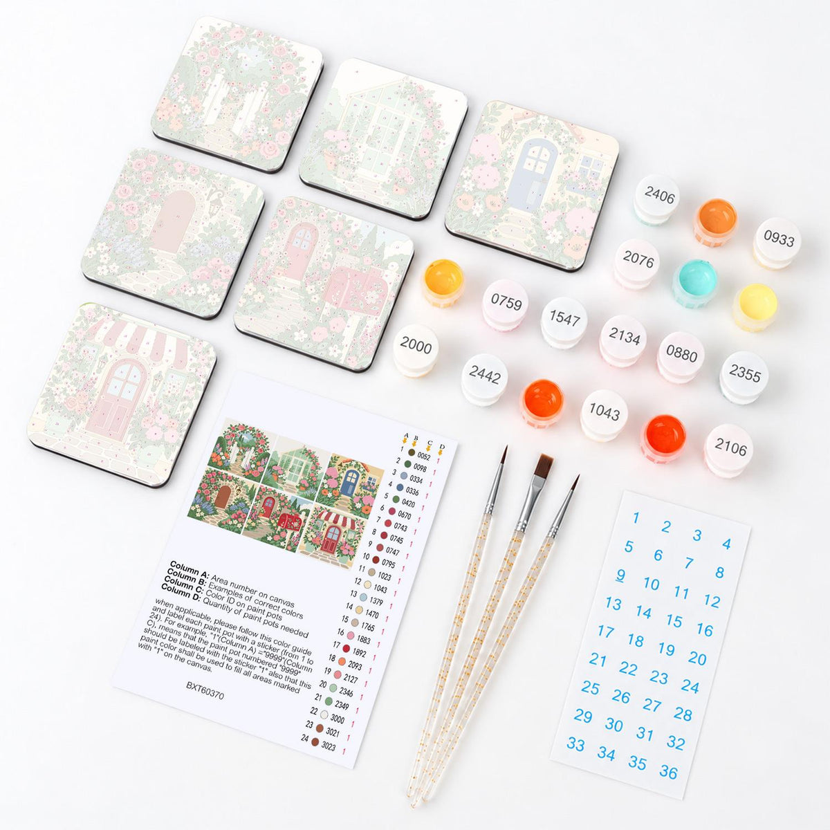 Blooming Cottage Doorways fridge magnets – what's in the kit: the 6 magnet tiles, numbered paints, brushes, layout sheet and stickers