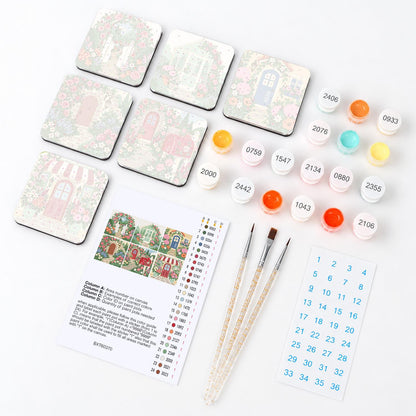 Blooming Cottage Doorways fridge magnets – what's in the kit: the 6 magnet tiles, numbered paints, brushes, layout sheet and stickers