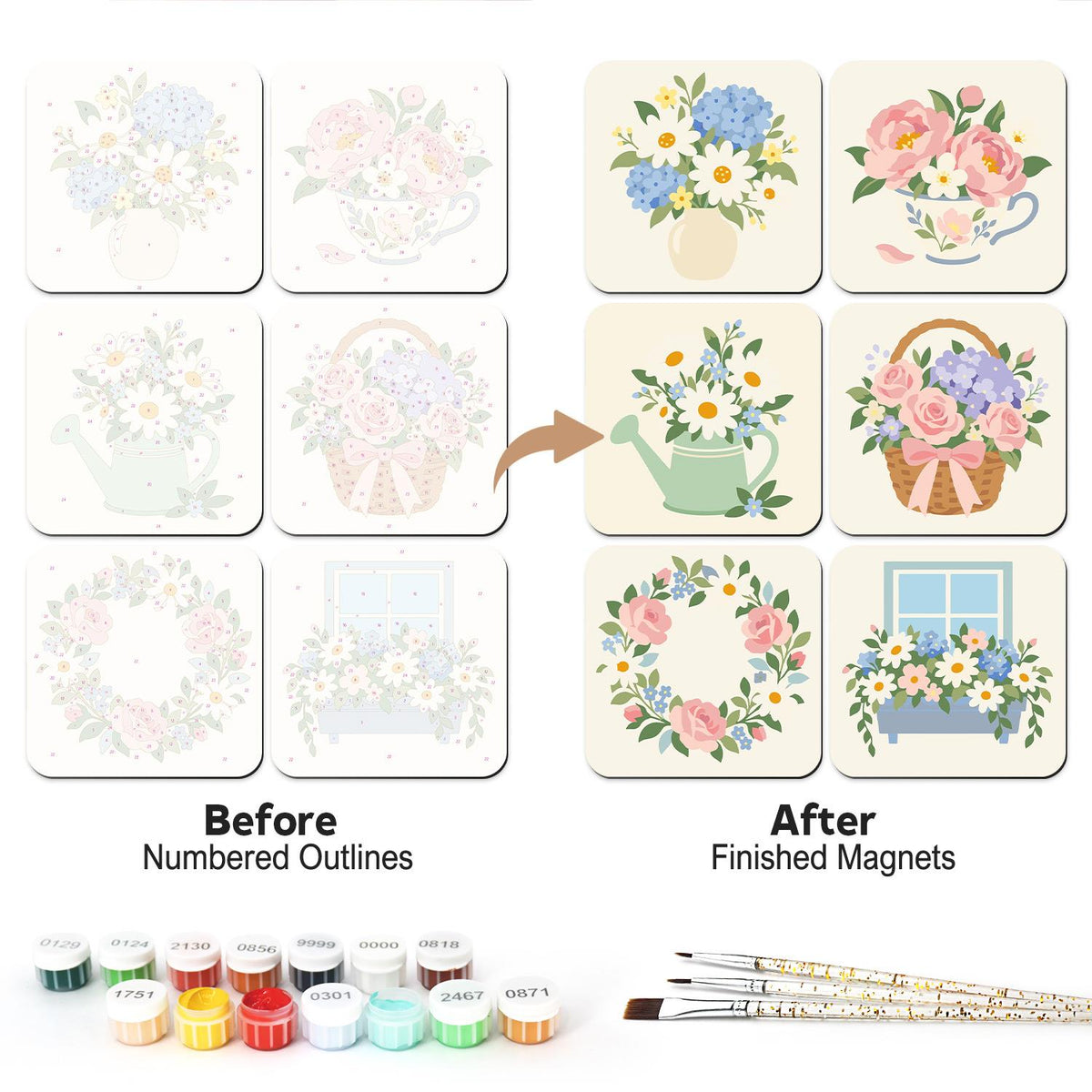 Watering Can Spring Posies fridge magnets – Spring flowers: a hydrangea vase, peonies in a teacup, daisies in a watering can, a basket, a wreath and a window box