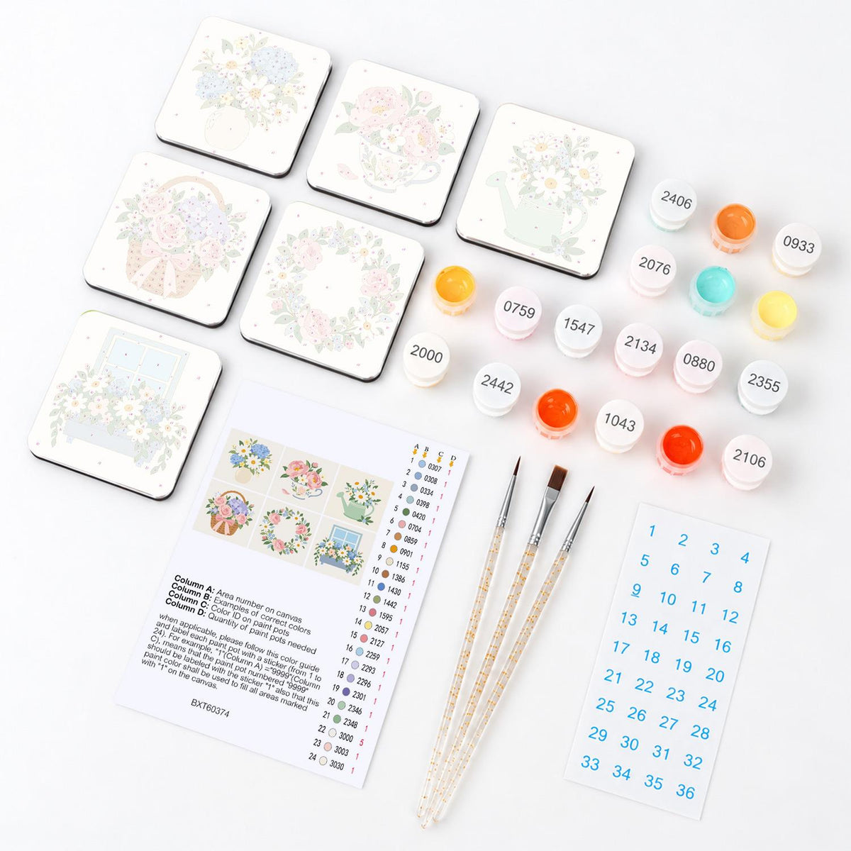 Watering Can Spring Posies fridge magnets – what's in the kit: the 6 magnet tiles, numbered paints, brushes, layout sheet and stickers