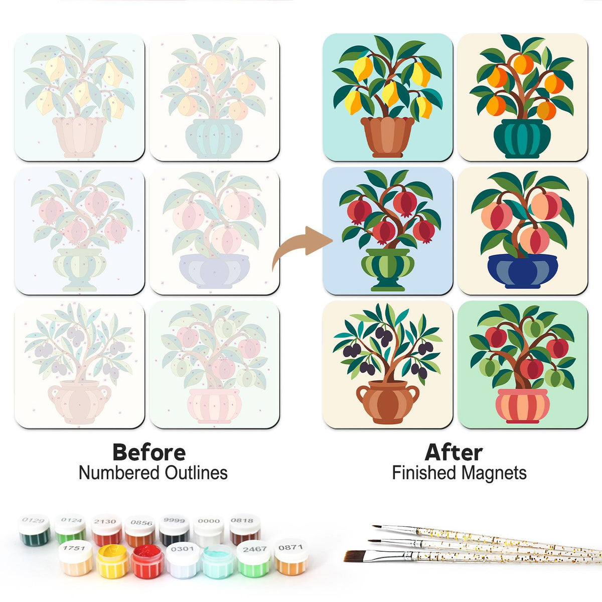 Potted Fruit Tree Garden fridge magnets – Six fruit trees in colourful pots and vases: lemons, oranges, pomegranates, olives and apples
