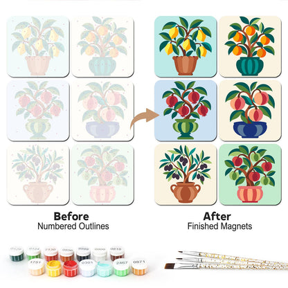 Potted Fruit Tree Garden fridge magnets – Six fruit trees in colourful pots and vases: lemons, oranges, pomegranates, olives and apples