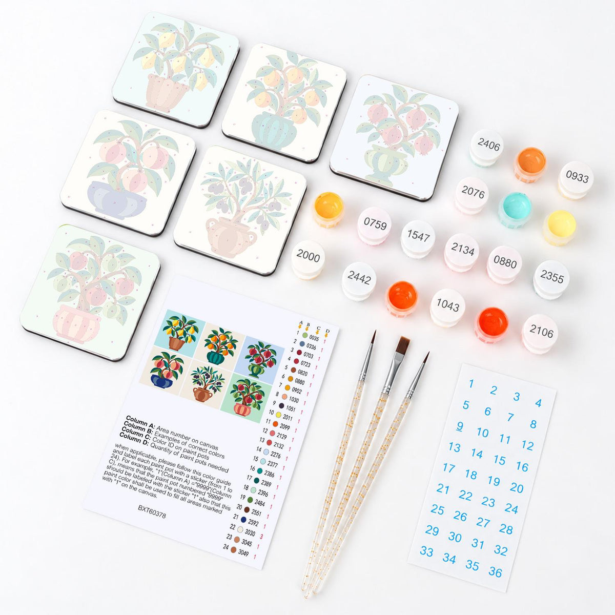 Potted Fruit Tree Garden fridge magnets – what's in the kit: the 6 magnet tiles, numbered paints, brushes, layout sheet and stickers