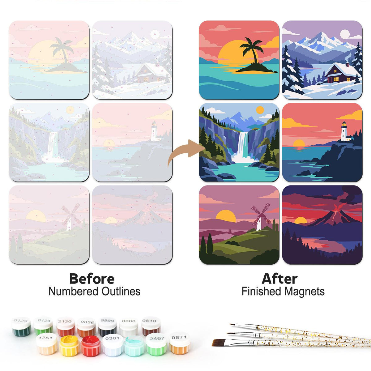 Lighthouse and Volcano Vistas fridge magnets – Six landscapes: palm island sunset, snowy mountain cabin, waterfall, cliff lighthouse, hilltop windmill and volcano