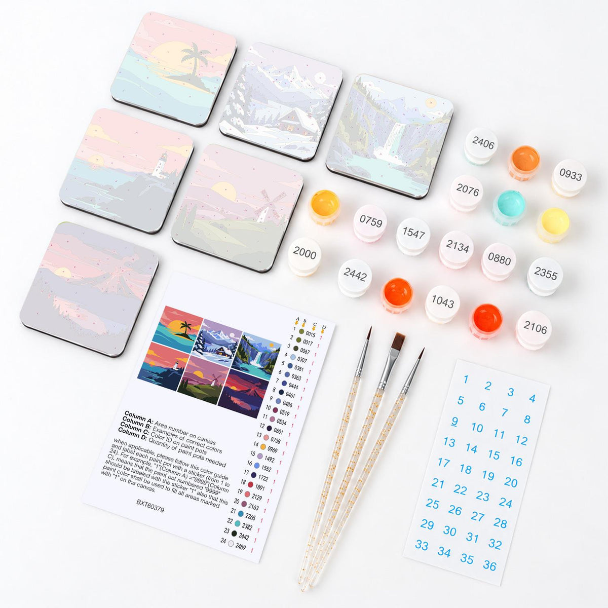 Lighthouse and Volcano Vistas fridge magnets – what's in the kit: the 6 magnet tiles, numbered paints, brushes, layout sheet and stickers