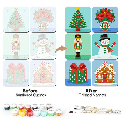 Nutcracker Christmas Classics fridge magnets – Six Christmas designs: decorated tree, poinsettia vase, nutcracker, snowman, polka-dot gift and gingerbread house