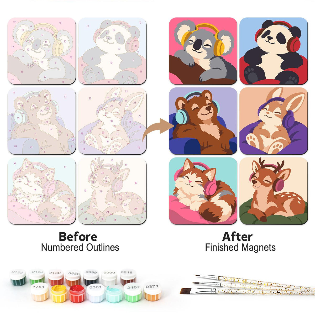 Sleepy Headphone Critters fridge magnets – Six sleepy animals wearing headphones: koala, panda, bear, bunny, cat and fawn