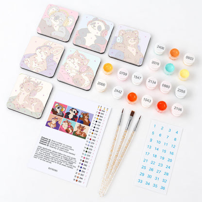 Sleepy Headphone Critters fridge magnets – what's in the kit: the 6 magnet tiles, numbered paints, brushes, layout sheet and stickers
