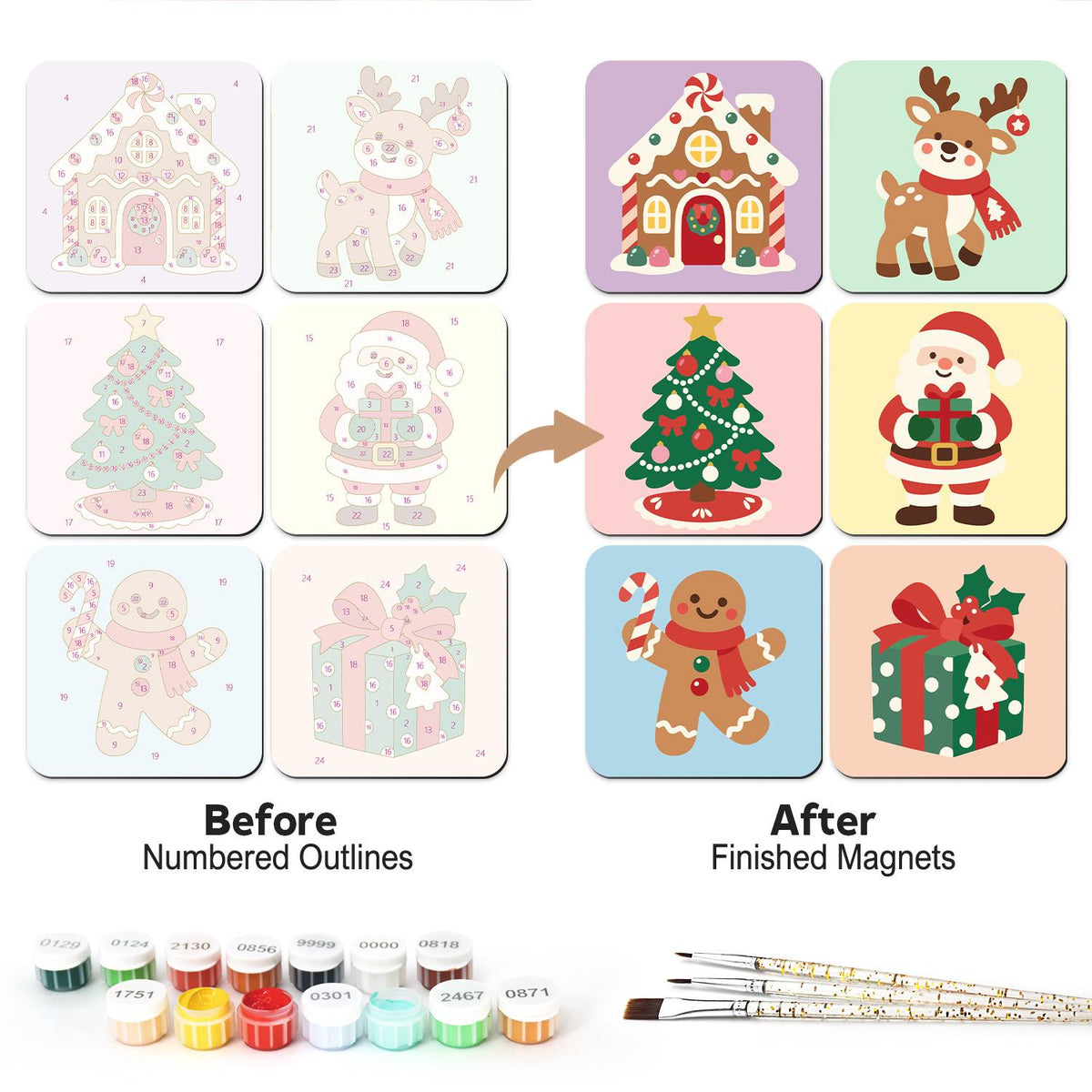 Santa and Reindeer Holiday Pals fridge magnets – Six Christmas designs: gingerbread house, reindeer in scarf, tree, Santa with gift, gingerbread man and present