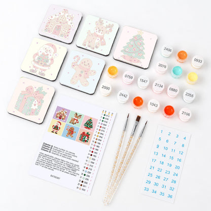 Santa and Reindeer Holiday Pals fridge magnets – what's in the kit: the 6 magnet tiles, numbered paints, brushes, layout sheet and stickers