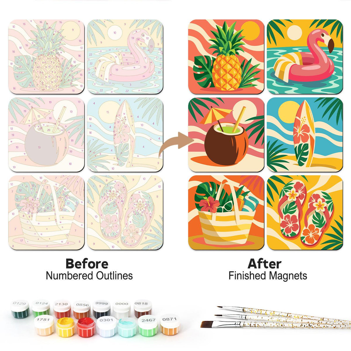 Flamingo Float Tropical Summer fridge magnets – Six tropical summer designs: pineapple, flamingo pool float, coconut drink, surfboard, beach bag and flip-flops