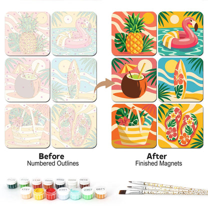 Flamingo Float Tropical Summer fridge magnets – Six tropical summer designs: pineapple, flamingo pool float, coconut drink, surfboard, beach bag and flip-flops