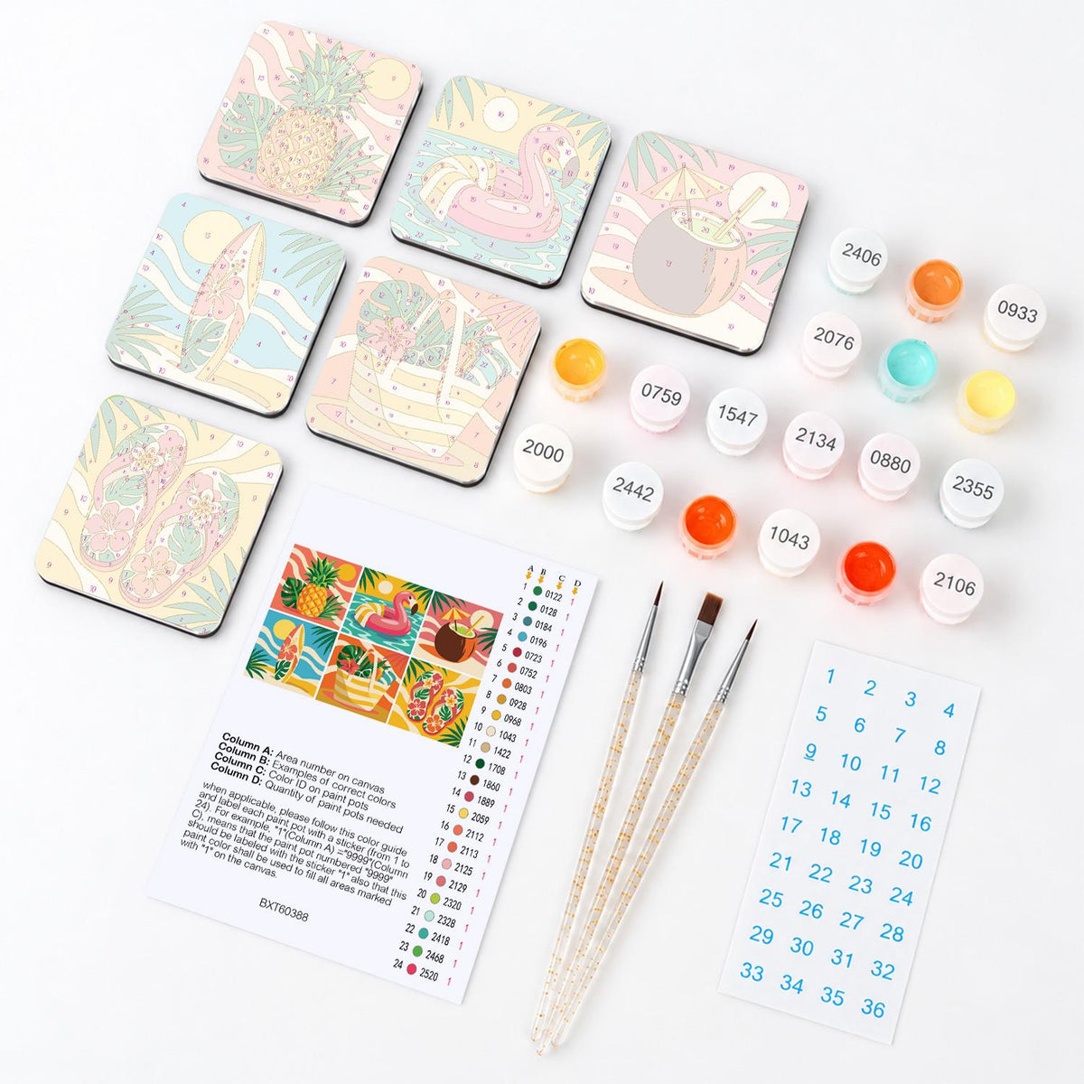 Flamingo Float Tropical Summer fridge magnets – what's in the kit: the 6 magnet tiles, numbered paints, brushes, layout sheet and stickers