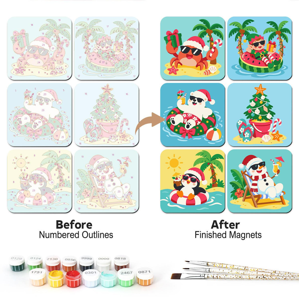 Tropical Christmas Beach Party fridge magnets – Six beach Christmas scenes: crab, snowmen and penguins in Santa hats with palms, swim rings and a sandy tree