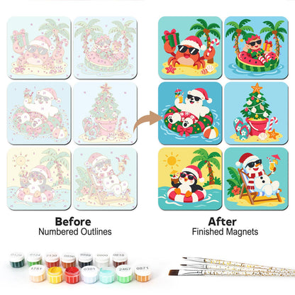 Tropical Christmas Beach Party fridge magnets – Six beach Christmas scenes: crab, snowmen and penguins in Santa hats with palms, swim rings and a sandy tree