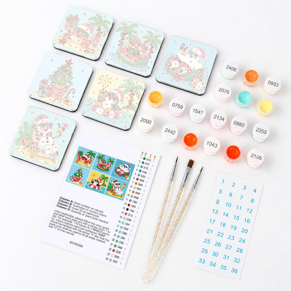 Tropical Christmas Beach Party fridge magnets – what's in the kit: the 6 magnet tiles, numbered paints, brushes, layout sheet and stickers