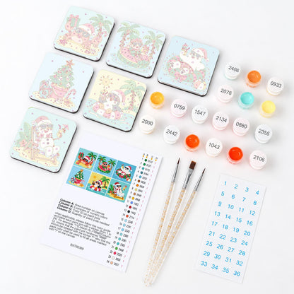 Tropical Christmas Beach Party fridge magnets – what's in the kit: the 6 magnet tiles, numbered paints, brushes, layout sheet and stickers